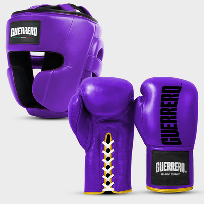 Sparring Kit Guantoni Titan Laces più Caschetto Full Guard Viola in vera pelle | Guerrero