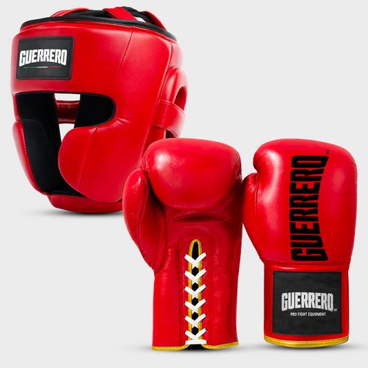 Sparring Kit Guantoni Titan Laces più Caschetto Full Guard Rossi in vera pelle | Guerrero