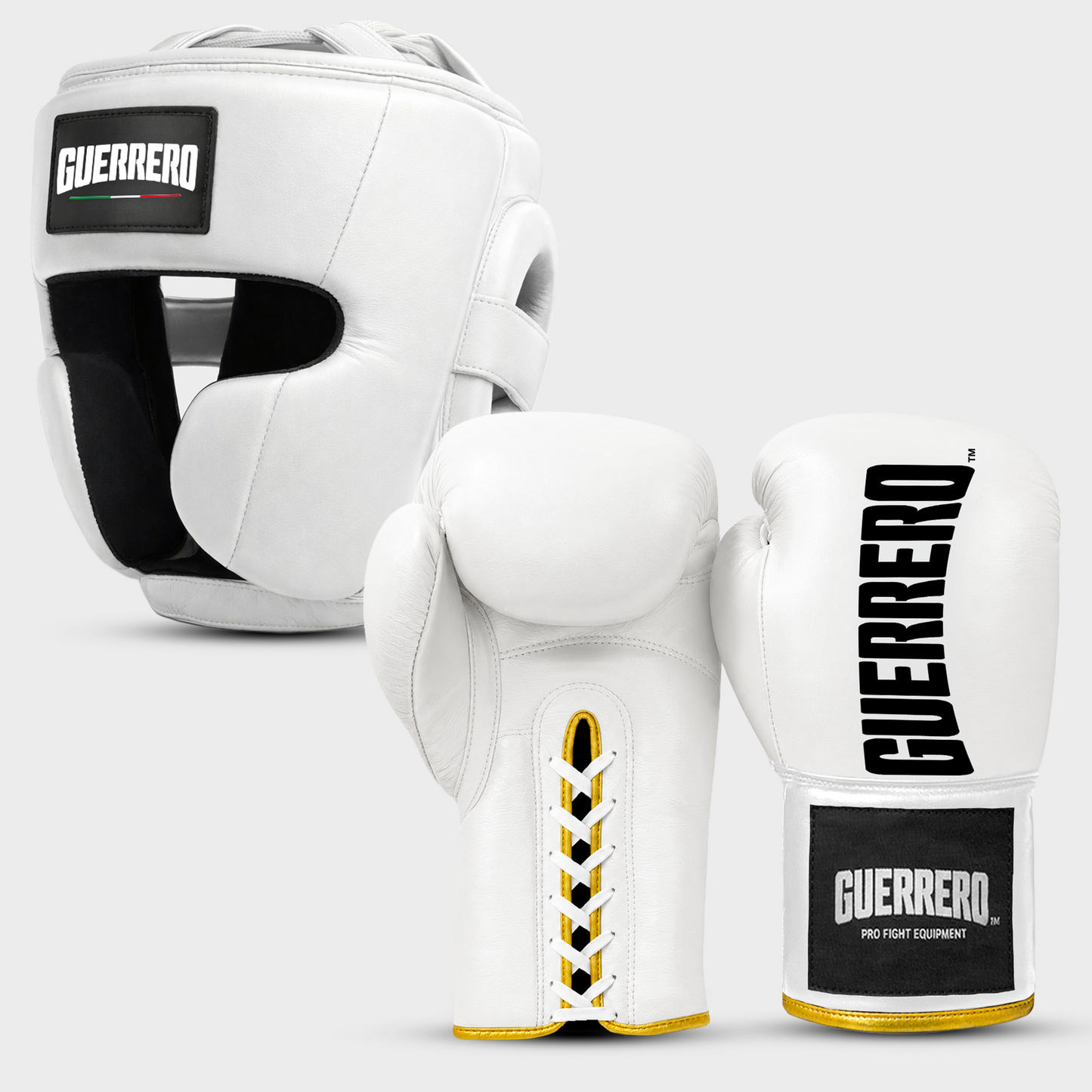 Sparring Kit Guantoni Titan Laces più Caschetto Full Guard Bianchi in vera pelle | Guerrero