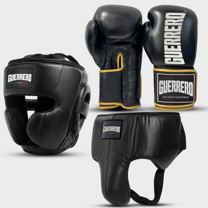 Kit de sparring Titan Gloves Plus Full Guard Headguard y protector de cabeza en cuero genuino negro | Guerrero