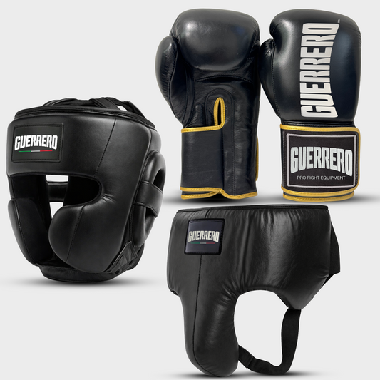 Sparring Kit Guantoni Titan Più Caschetto Full Guard E Conchiglia Protettiva Neri in vera pelle | Guerrero