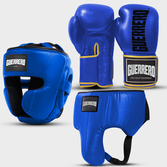 Sparring Kit Guantoni Titan Più Caschetto Full Guard E Conchiglia Protettiva Blu in vera pelle | Guerrero