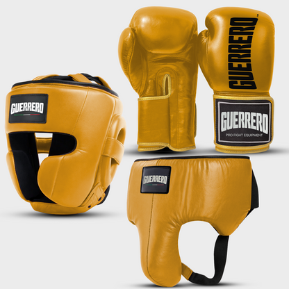 Sparring Kit Guantoni Titan Più Caschetto Full Guard E Conchiglia Protettiva Oro in vera pelle | Guerrero