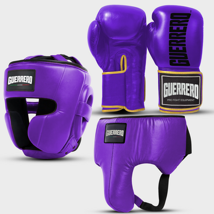 Sparring Kit Guantoni Titan Più Caschetto Full Guard E Conchiglia Protettiva Viola in vera pelle | Guerrero