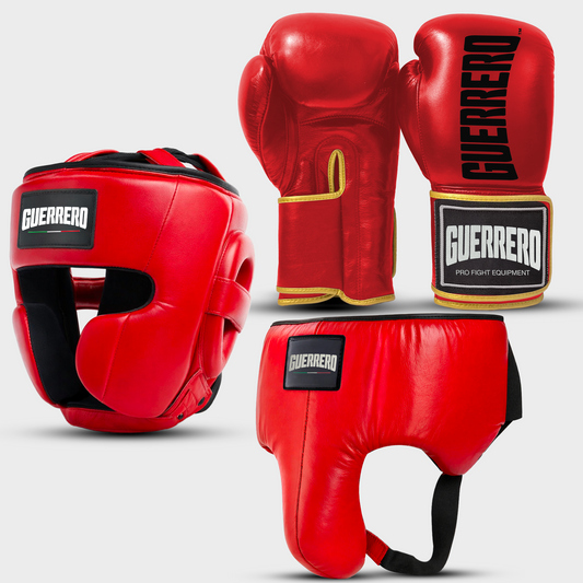 Sparring Kit Guantoni Titan Più Caschetto Full Guard E Conchiglia Protettiva Rossi in vera pelle | Guerrero