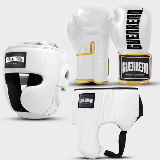 Sparring Kit Guantoni Titan Più Caschetto Full Guard E Conchiglia Protettiva Bianchi in vera pelle | Guerrero