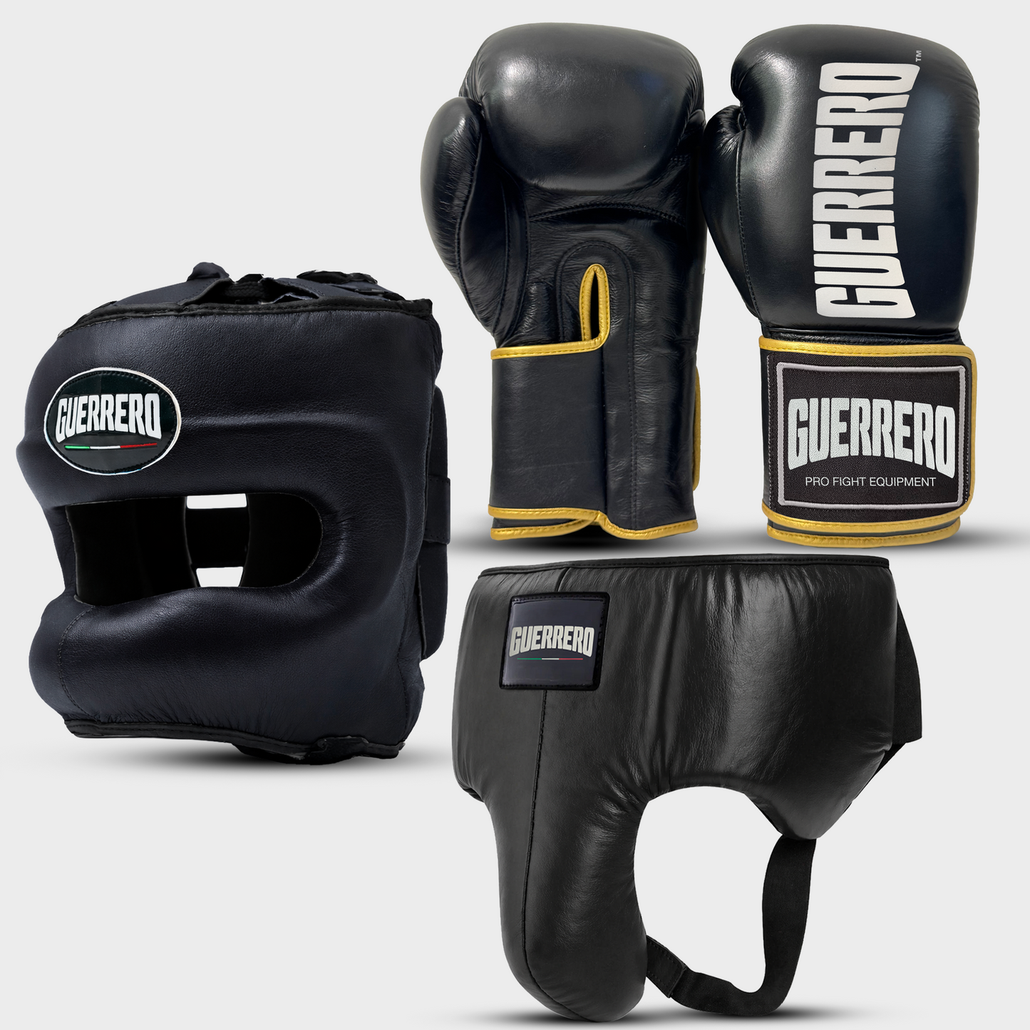 Sparring Kit Guantoni Titan Più Caschetto Max Vision e Conchiglia Protettiva Nero in vera pelle | Guerrero