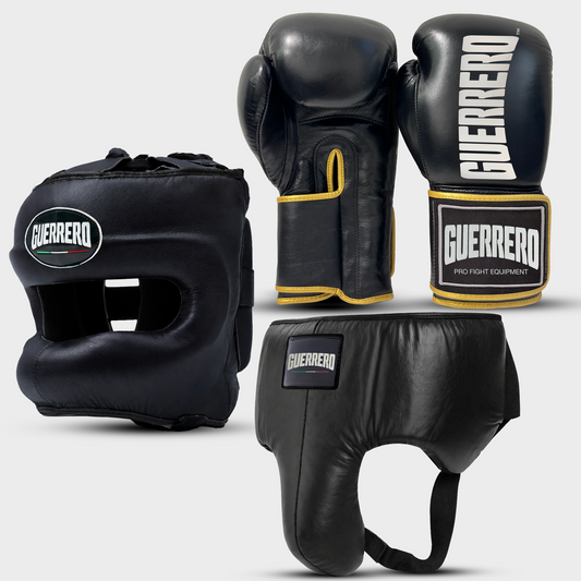 Sparring Kit Titan Gloves Plus Max Vision Headguard and Black Protective Cup in Genuine Leather | Guerrero