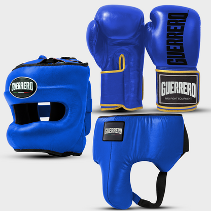 Sparring-Set Titan Handschuhe plus Max Vision Kopfschutz und blauer Tiefschutz aus echtem Leder | Guerrero