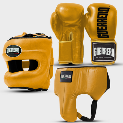 Kit de sparring: Guantes Titan Plus, protector de cabeza Max Vision y coquilla protectora dorada de cuero genuino | Guerrero