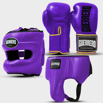 Sparring-Set Titan Handschuhe plus Max Vision Kopfschutz und lila Echtleder-Tiefschutz | Guerrero
