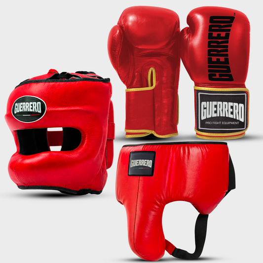 Sparring Kit Guantoni Titan Più Caschetto Max Vision e Conchiglia Protettiva Rossa in vera pelle | Guerrero