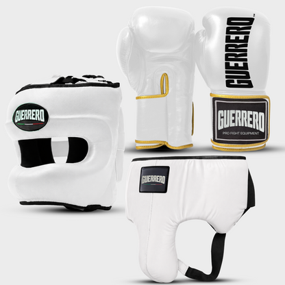 Sparring Kit Guantoni Titan Più Caschetto Max Vision e Conchiglia Protettiva Bianchi in vera pelle | Guerrero