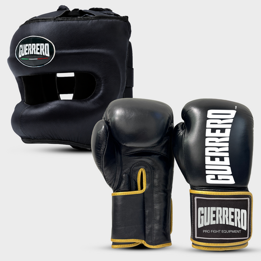 Sparring Kit Guantoni PRO Più Caschetto Max Vision Nero in vera pelle | Guerrero
