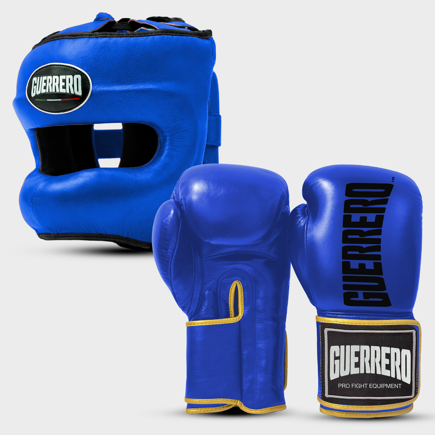 Sparring-Set Titan Handschuhe plus Blue Max Vision Kopfschutz aus echtem Leder | Guerrero