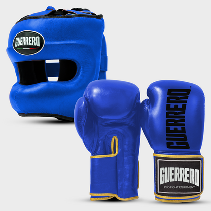 Sparring-Set Titan Handschuhe plus Blue Max Vision Kopfschutz aus echtem Leder | Guerrero