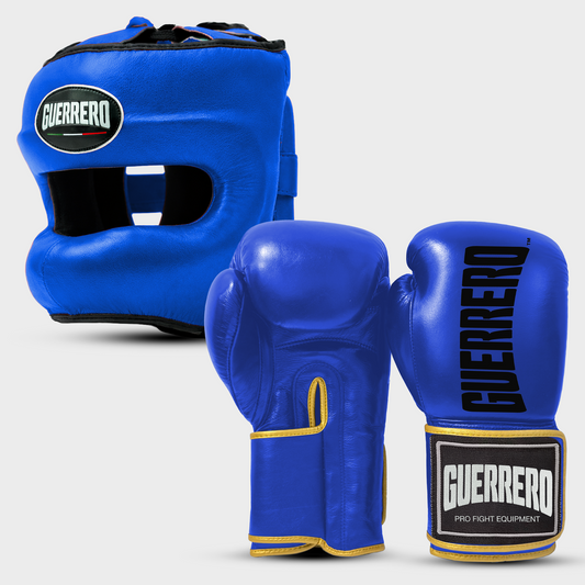 Sparring Kit Titan Gloves Plus Blue Max Vision Headguard in Genuine Leather | Guerrero