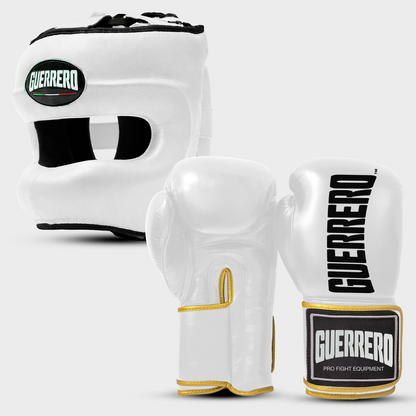Sparring-Set Titan Handschuhe plus weißer Gesichtsschutzhelm aus echtem Leder | Guerrero