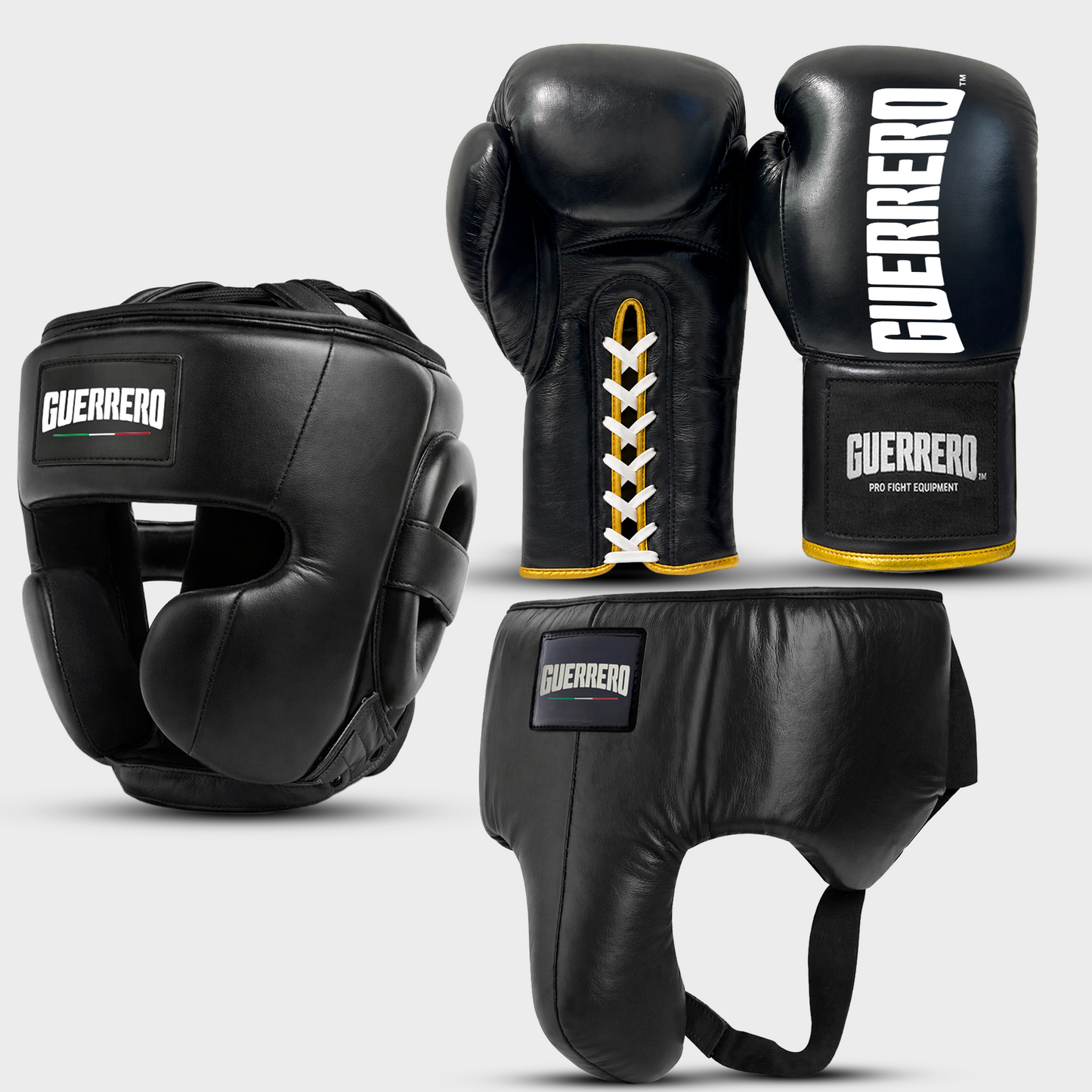 Sparring Kit Guantoni Titan Laces Più Caschetto Full Guard E Conchiglia Protettiva Neri in vera pelle | Guerrero