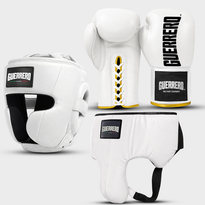 Sparring Kit Guantoni Titan Laces Più Caschetto Full Guard E Conchiglia Protettiva Bianchi in vera pelle antiodore | Guerrero