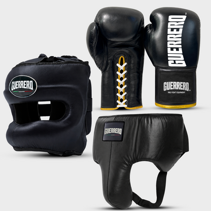 Sparring Kit Guantoni Titan Laces Più Caschetto Max Vision e Conchiglia Protettiva Neri in vera pelle antiodore | Guerrero