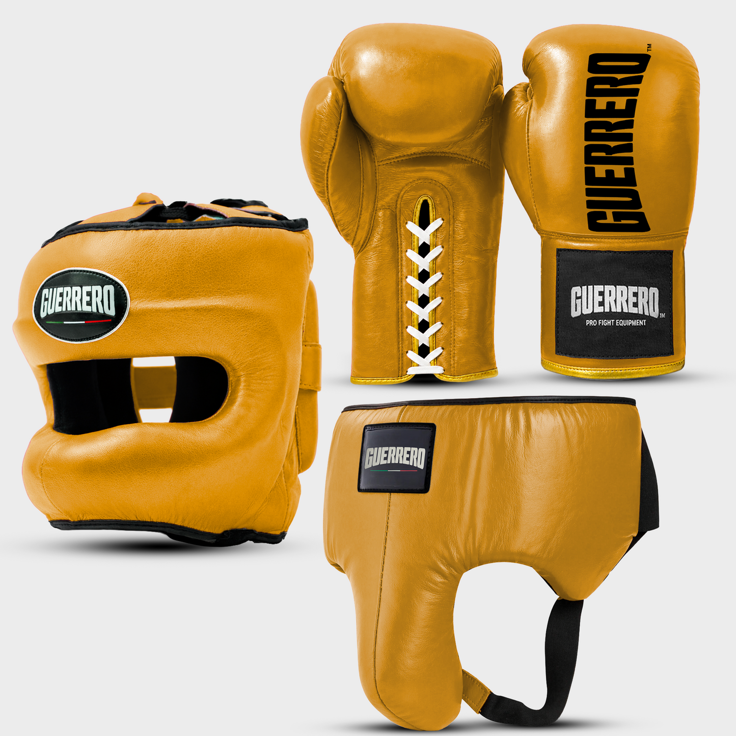 Sparring Kit Guantoni Titan Laces Più Caschetto Max Vision e Conchiglia Protettiva Oro in vera pelle | Guerrero