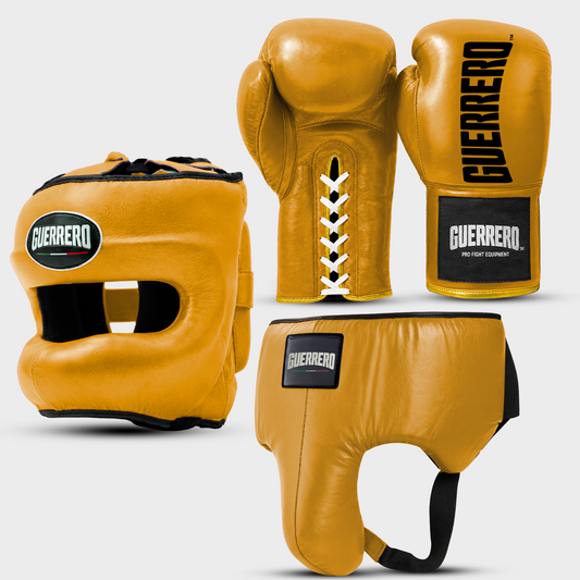 Sparring Kit Guantoni Titan Laces Più Caschetto Max Vision e Conchiglia Protettiva Oro in vera pelle | Guerrero