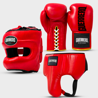 Sparring Kit Guantoni Titan Laces Più Caschetto Max Vision e Conchiglia Protettiva Rossi in vera pelle | Guerrero