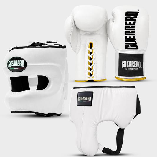 Sparring Kit Guantoni Titan Laces Più Caschetto Max Vision e Conchiglia Protettiva Bianchi in vera pelle | Guerrero
