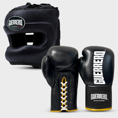 Sparring Kit Guantoni Titan Laces Più Caschetto Max Vision Neri in vera pelle | Guerrero