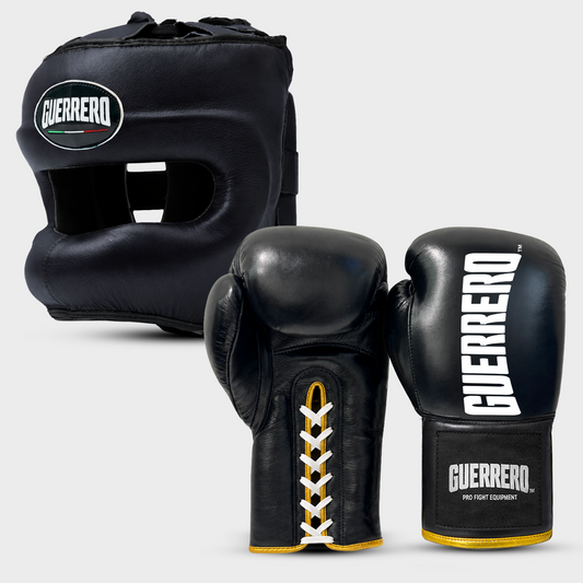 Kit de sparring Titan Laces, gants et casque Max Vision en cuir véritable noir | Guerrero