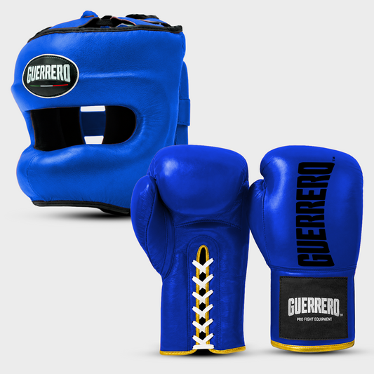 Kit de sparring, gants Titan Laces et casque Max Vision en cuir véritable bleu | Guerrero