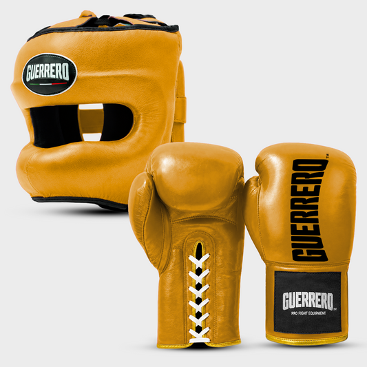 Kit de sparring, gants Titan Laces et casque Gold Max Vision en cuir véritable | Guerrero