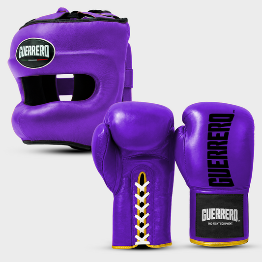 Sparring Kit Guantoni Titan Laces Più Caschetto Max Vision Viola in vera pelle | Guerrero