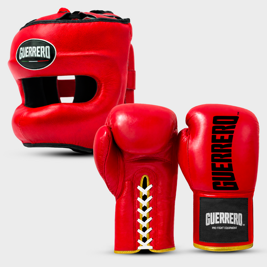 Kit de sparring Titan Laces Gloves Plus Max Vision Red Headguard en cuir véritable | Guerrero