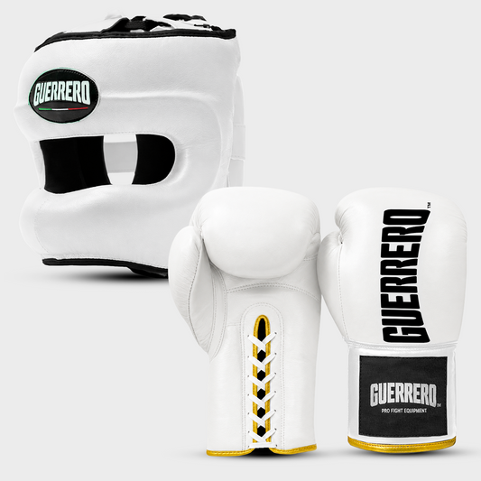 Kit de sparring Titan Laces Gloves Plus Max Vision Casque en cuir véritable blanc | Guerrero