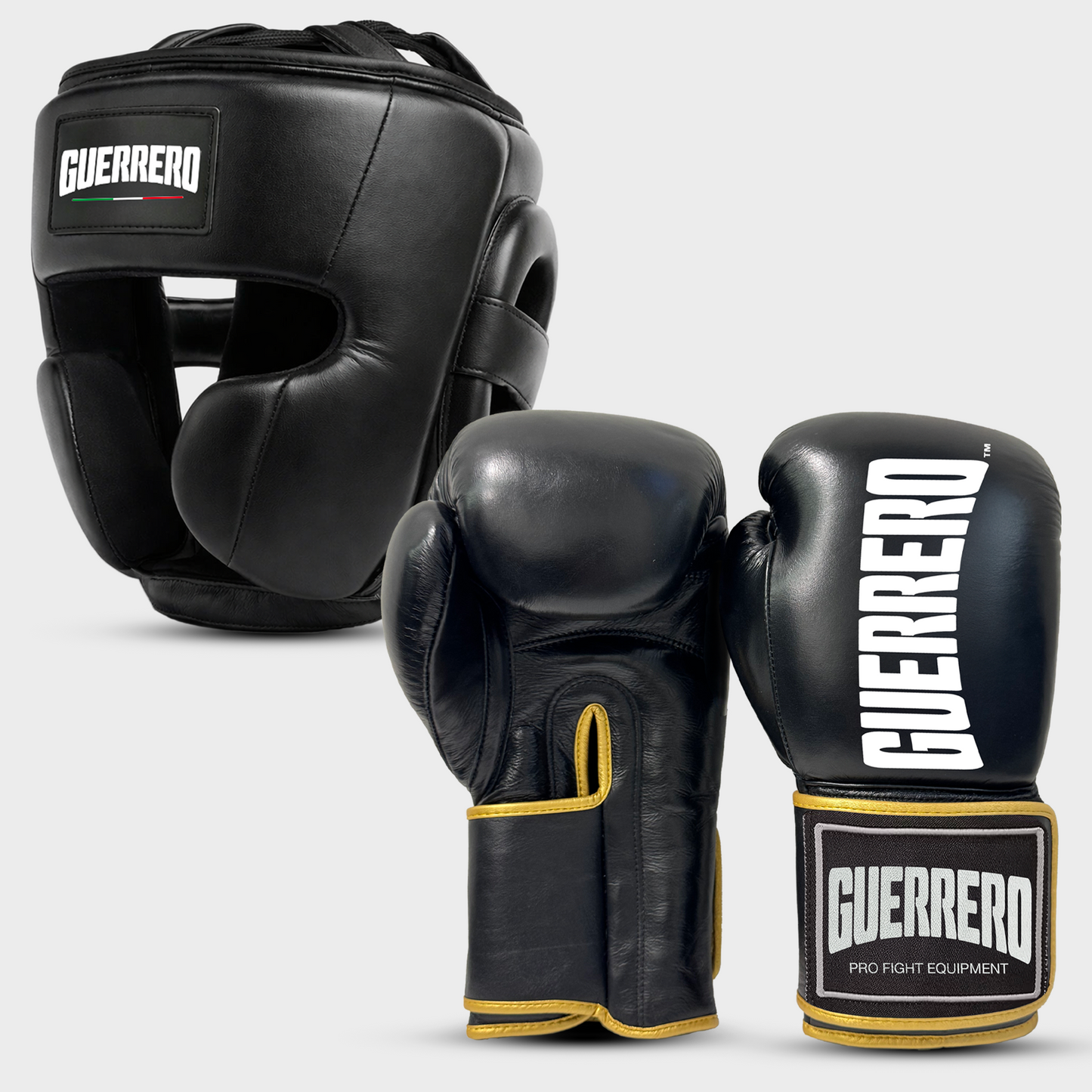 Sparring-Set Titan Handschuhe plus Vollschutz, schwarzer Kopfschutz aus echtem Leder | Guerrero