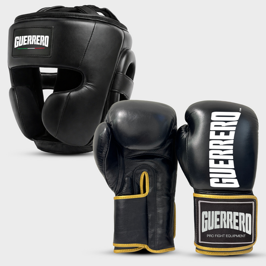 Gants de sparring PRO avec casque intégral noir en cuir véritable | Guerrero