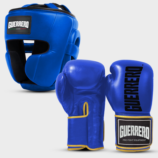 Gants de sparring PRO et casque intégral bleu en cuir véritable | Guerrero