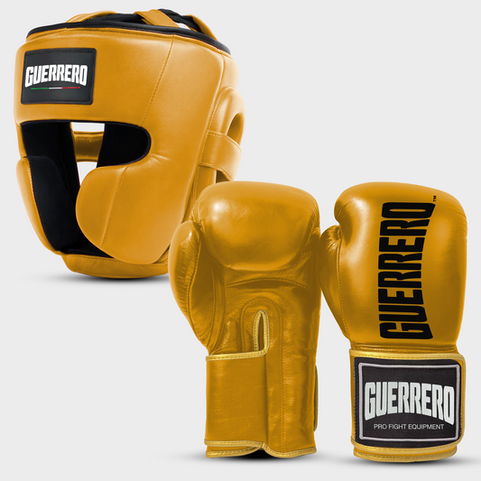 Kit de sparring PRO Gants Plus Casque intégral doré en cuir véritable | Guerrero
