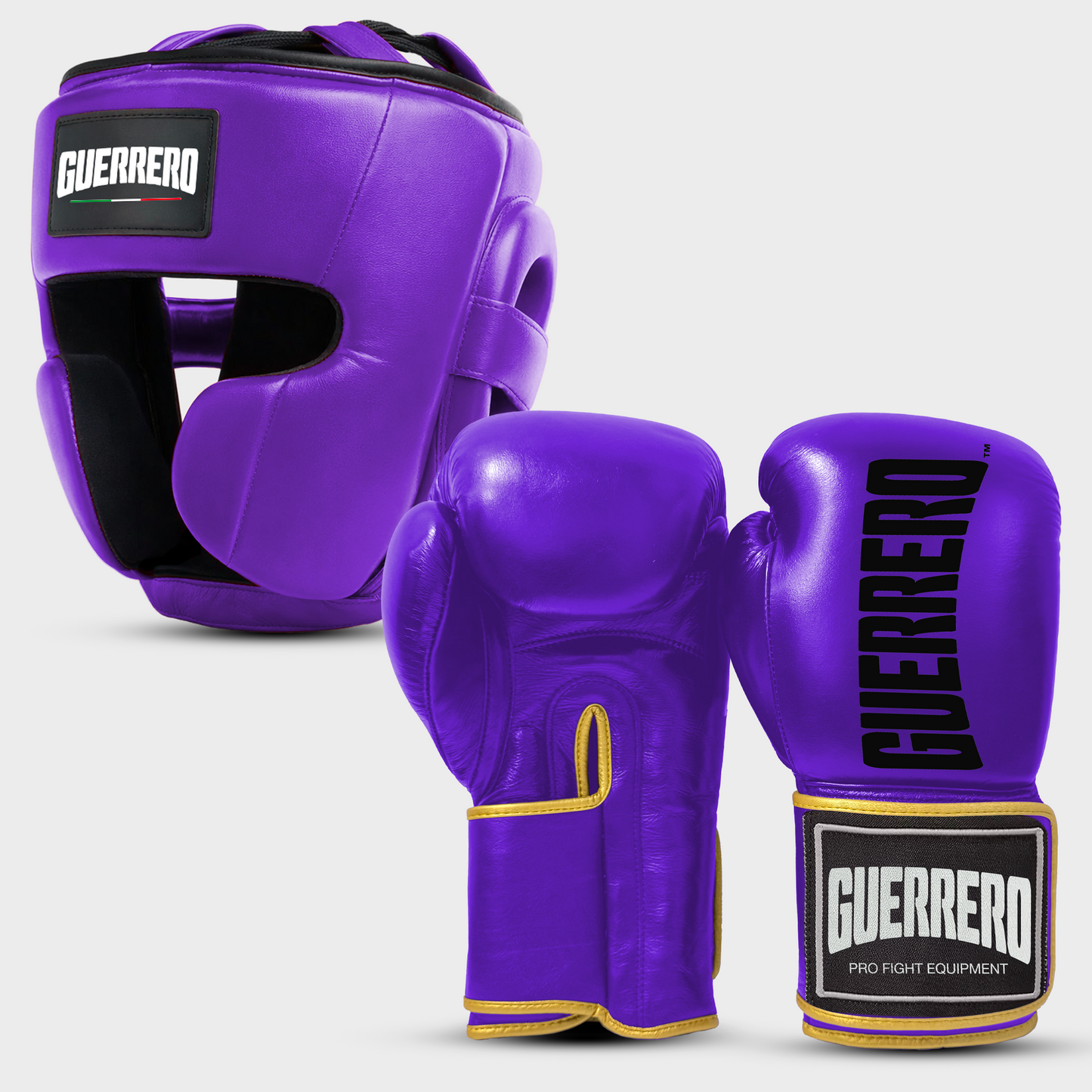 Sparring-Set Titan Handschuhe plus Vollschutz Lila Kopfschutz aus echtem Leder | Guerrero