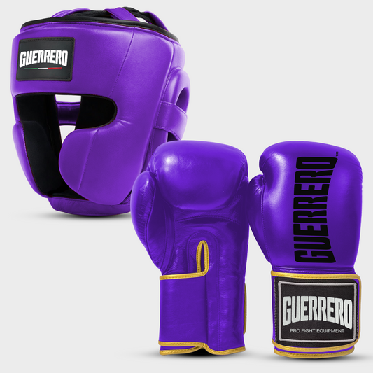 Gants de sparring PRO avec casque intégral en cuir véritable violet | Guerrero