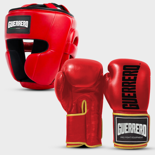 Kit d'entraînement Sparring Kit PRO : Gants et casque intégral en cuir véritable rouge | Guerrero