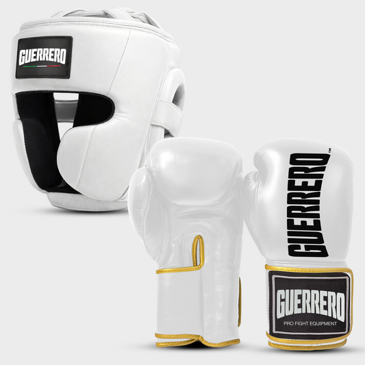 Sparring Kit Guantoni PRO Più Caschetto Full Guard Bianco in vera pelle | Guerrero