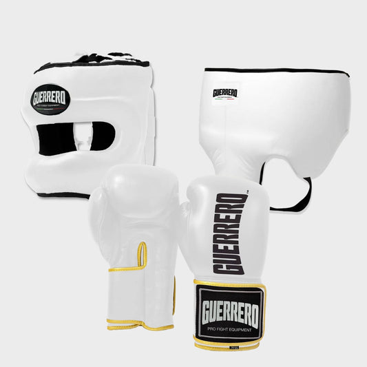 Guantoni Titan Più Caschetto Max Vision e Conchiglia Protettiva Bianchi in vera pelle | Guerrero