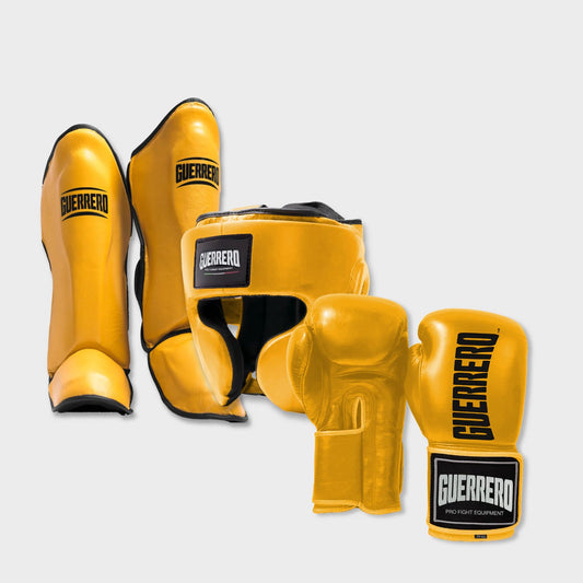 Guantoni Titan Più Caschetto Full Guard E Paratibia Impact Oro in vera pelle | Guerrero