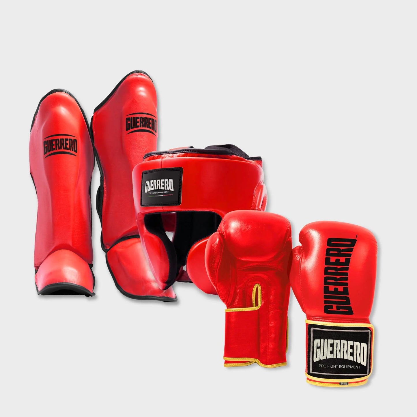 Guantoni Titan Più Caschetto Full Guard E Paratibia Impact Rossi in vera pelle | Guerrero