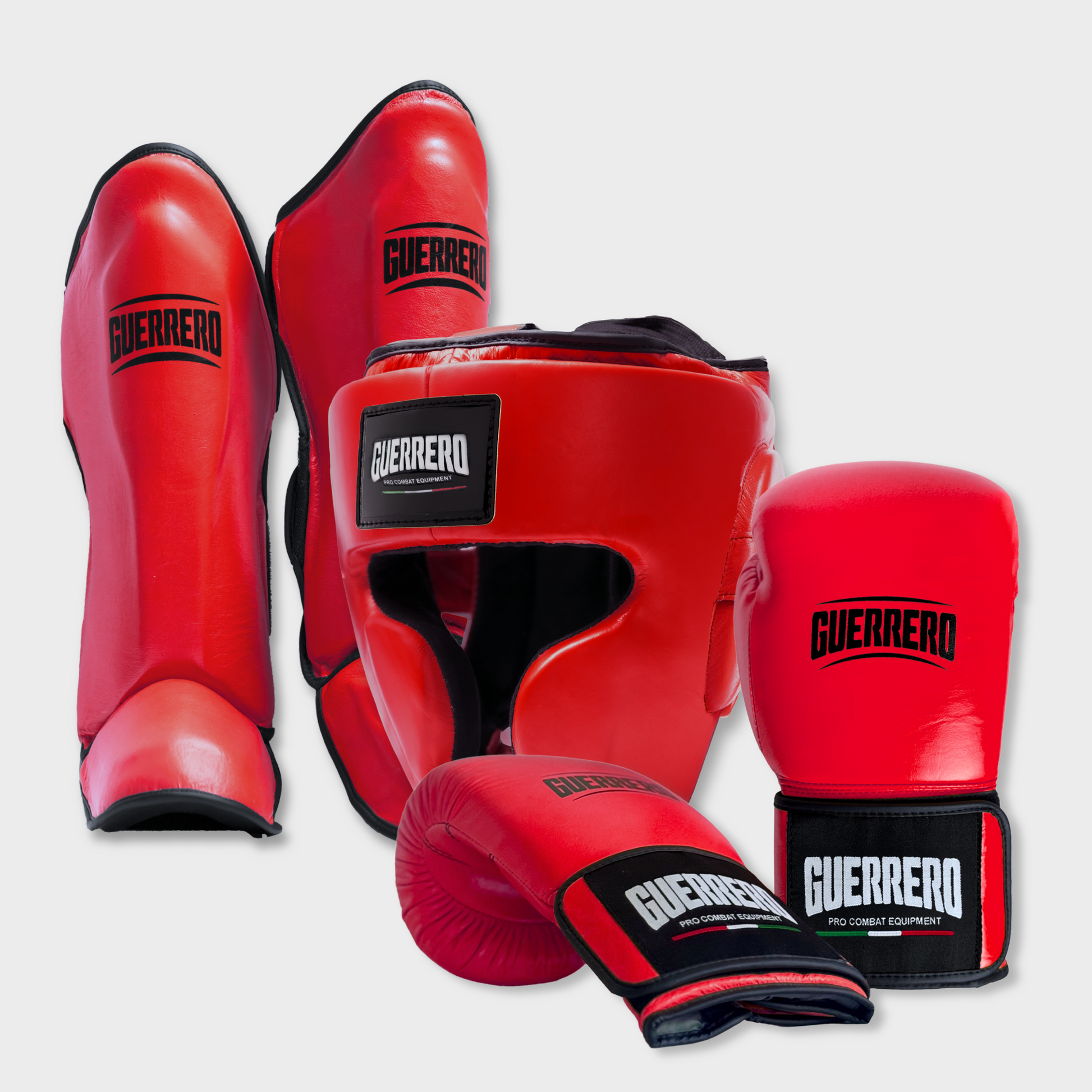 Guantoni Flex Strike Più Caschetto Full Guard E Paratibia Impact Rossi in vera pelle | Guerrero