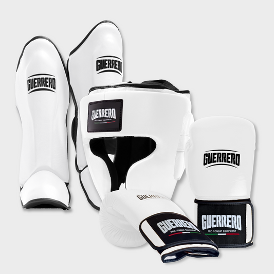Gants Flex Strike, casque intégral et protège-tibias Impact, blancs en cuir véritable | Guerrero