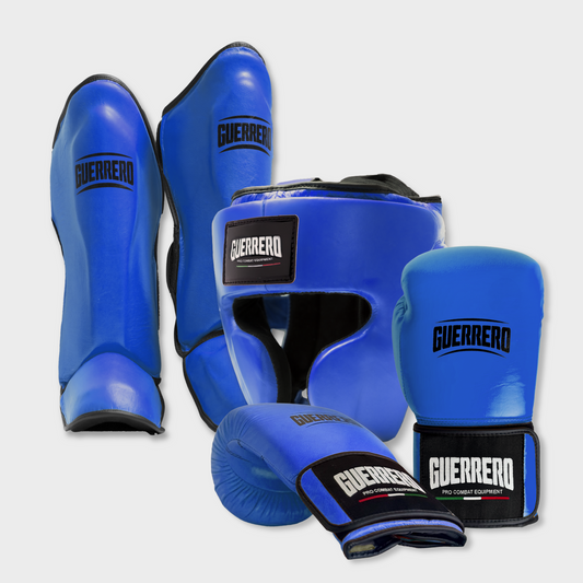 Gants Flex Strike avec casque intégral et protège-tibias Impact Blue en cuir véritable | Guerrero